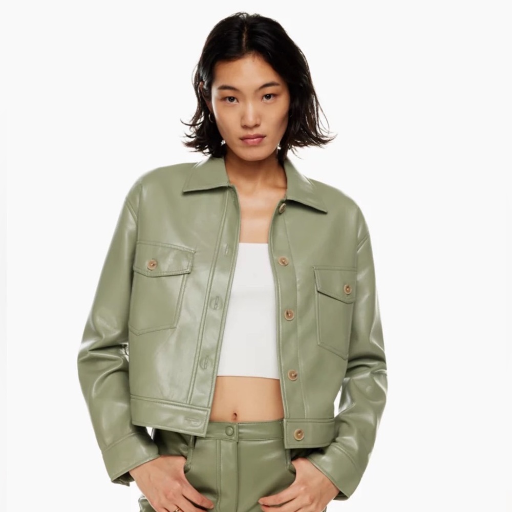 Aritzia Wilfred Autumn Shirt Jacket, vegan leather, Bitter Sage green, size XS